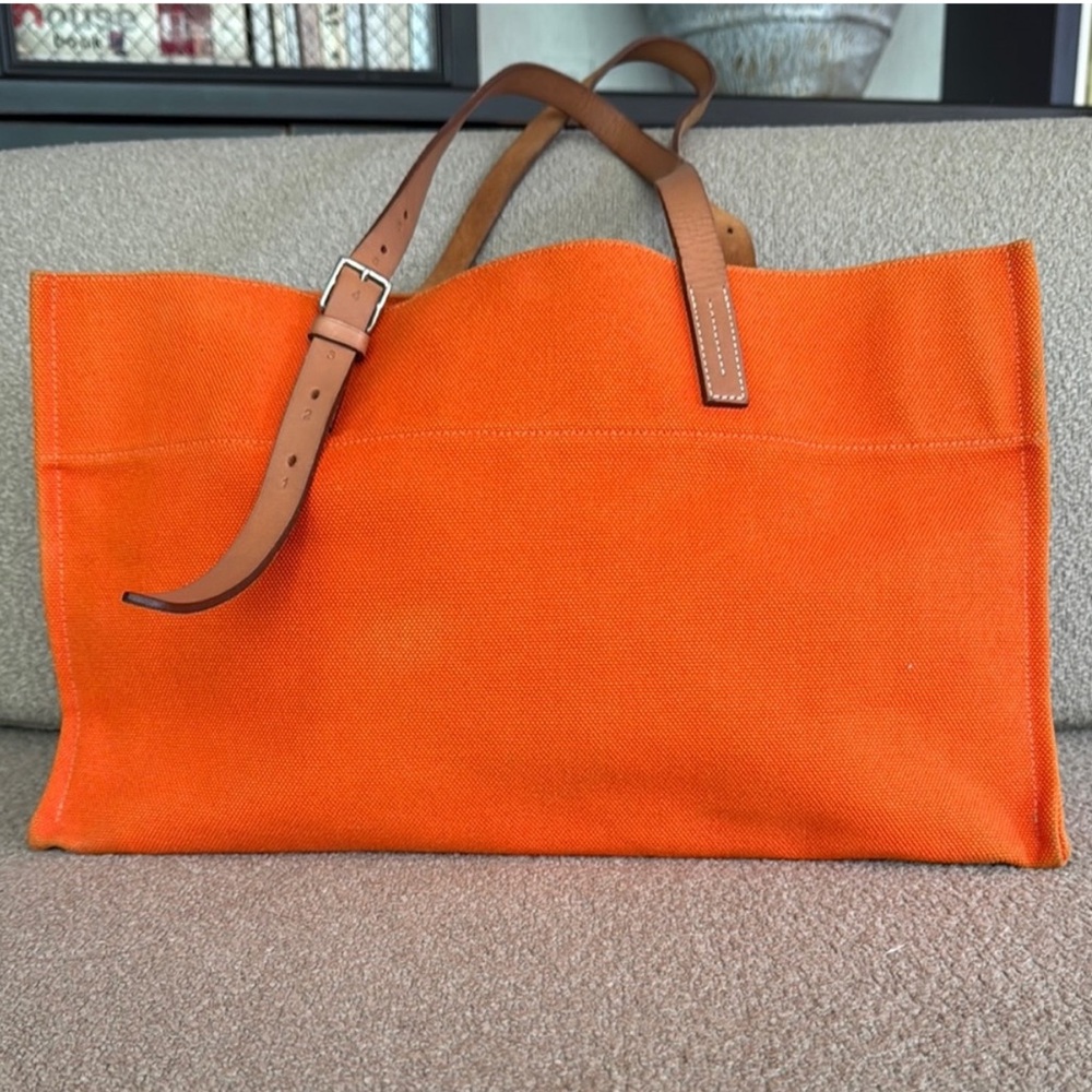 Hermes Orange Canvas Tote Bag with Brown Strap